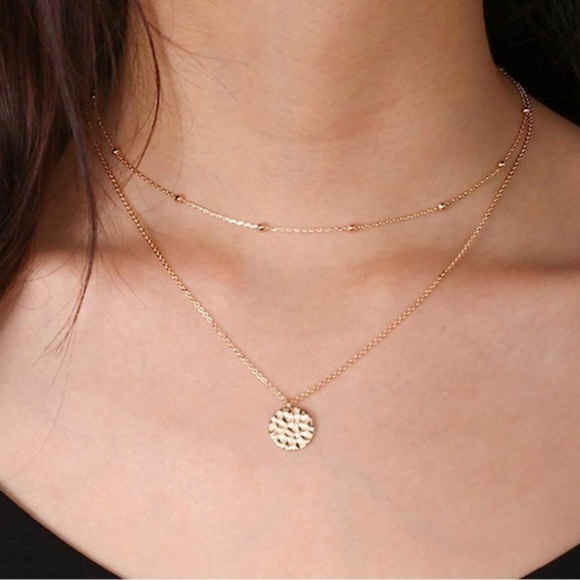 Gold 14k Gold Plated 2pc Hammered Pendant Beaded Necklace Set - Picture 1 of 3